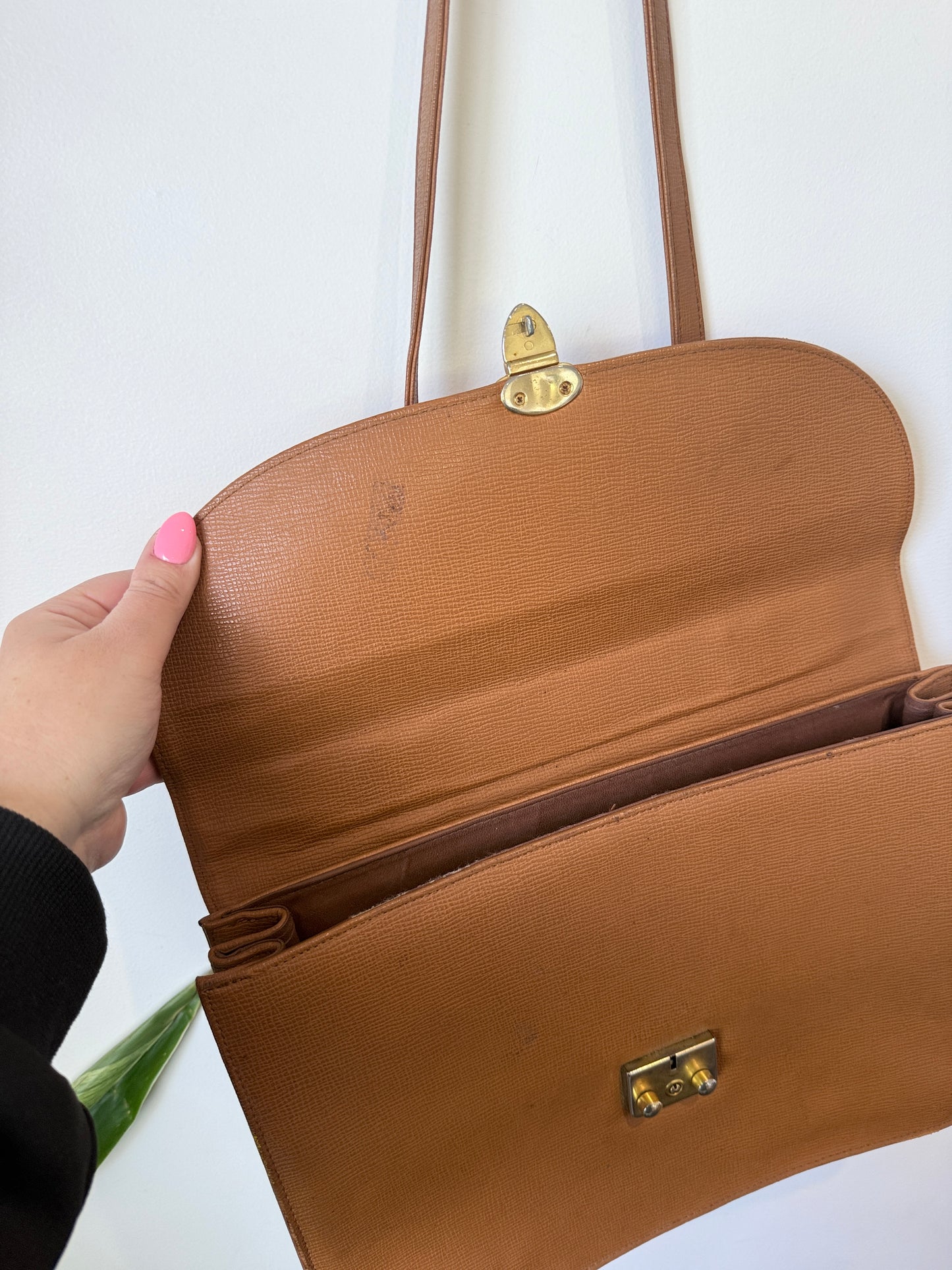 Vintage Tan Briefcase Style Crossbody Bag Large