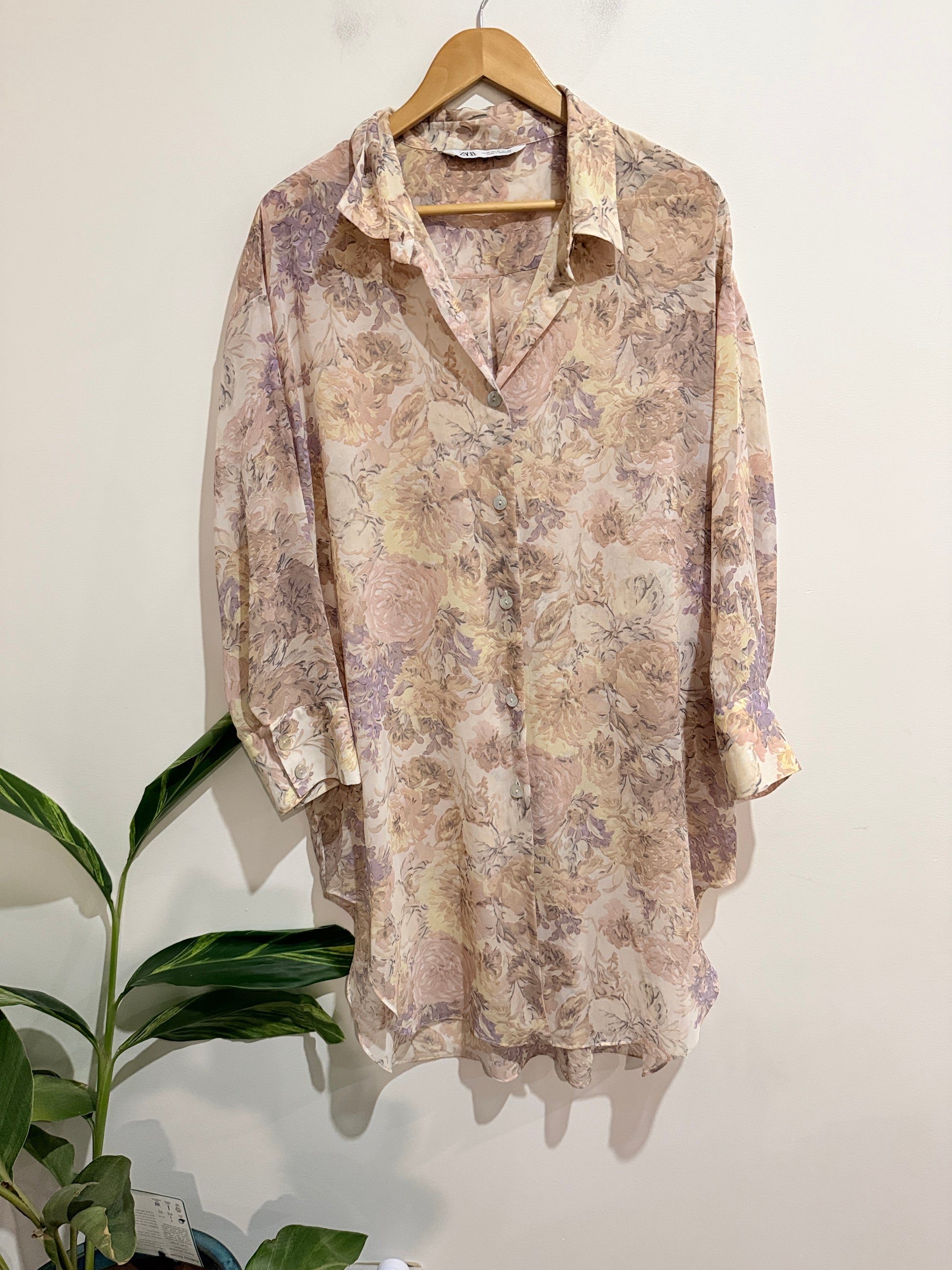 Zara Long Printed Floral Shirt Size XL