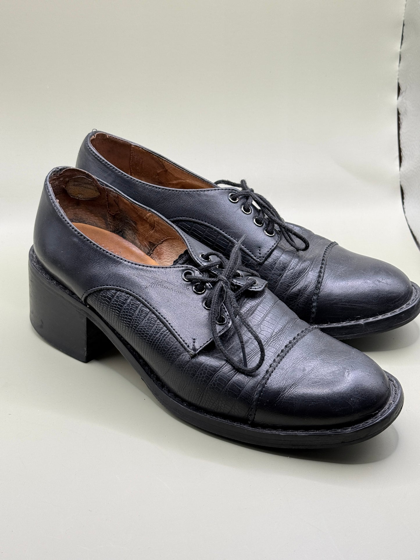 Black Leather Lace-Up Block Heel Shoes – Size 37½