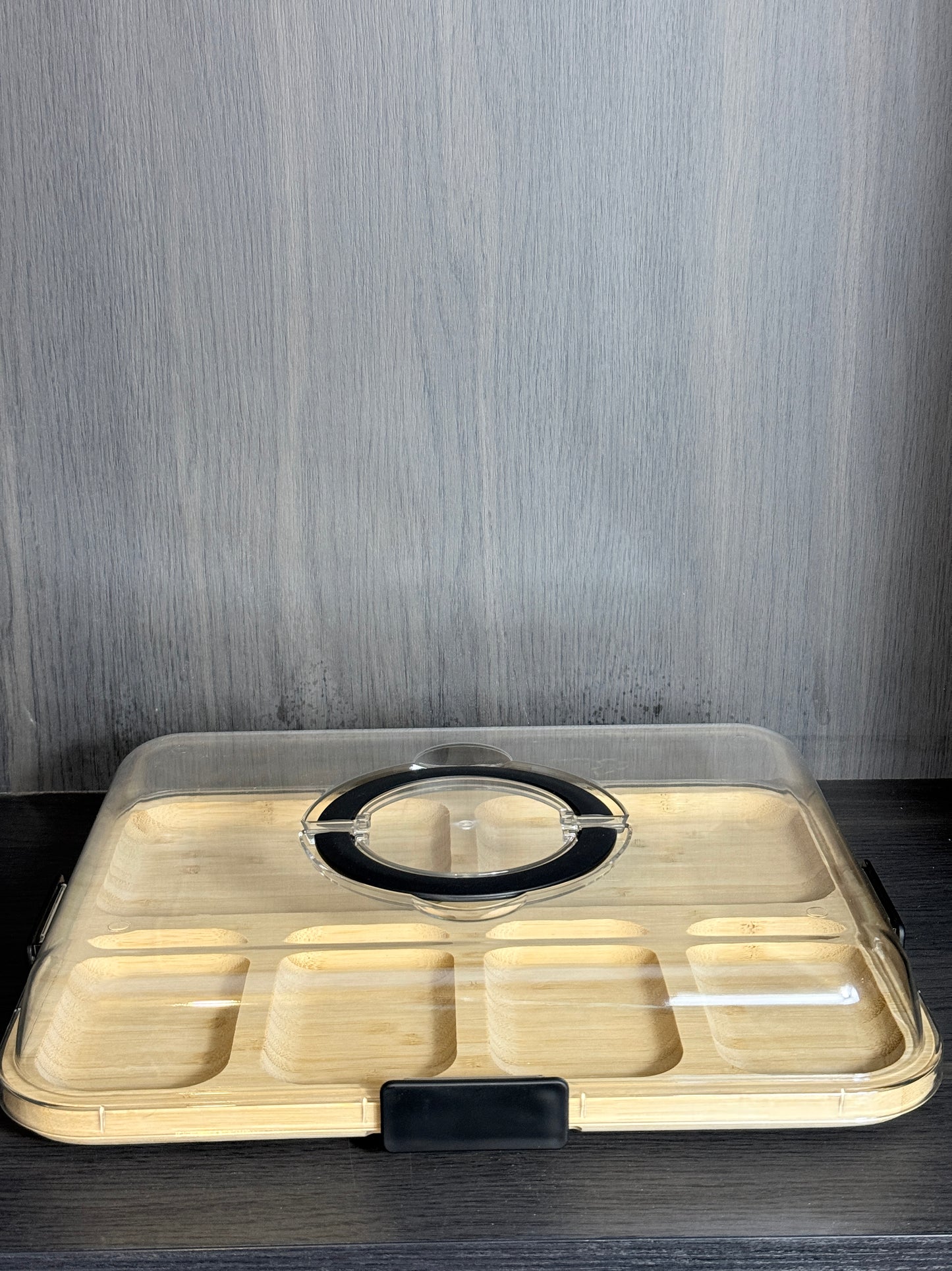 Bamboo Covered Serving Tray with Clear Lid & Carry Handle