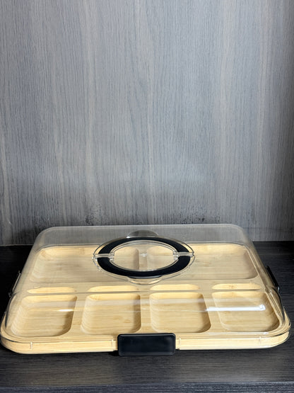 Bamboo Covered Serving Tray with Clear Lid & Carry Handle