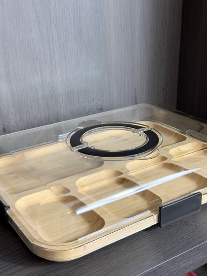 Bamboo Covered Serving Tray with Clear Lid & Carry Handle