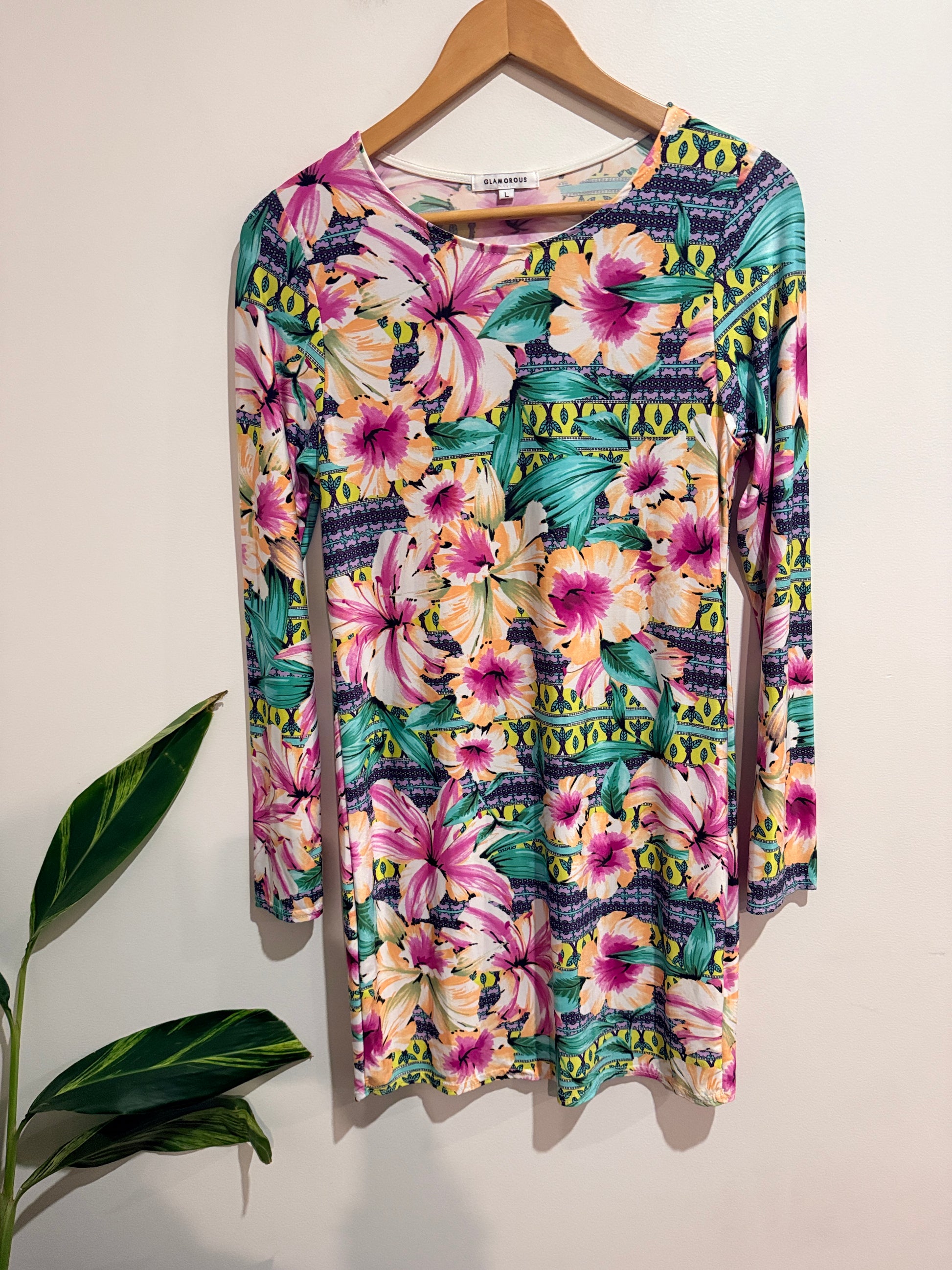 Glamorous Long-sleeved Floral Mini Dress Size L | U/Arm to U/Arm 42cm
