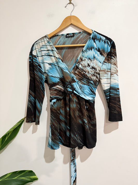 Worship Abstract Print Wrap Top Size 10