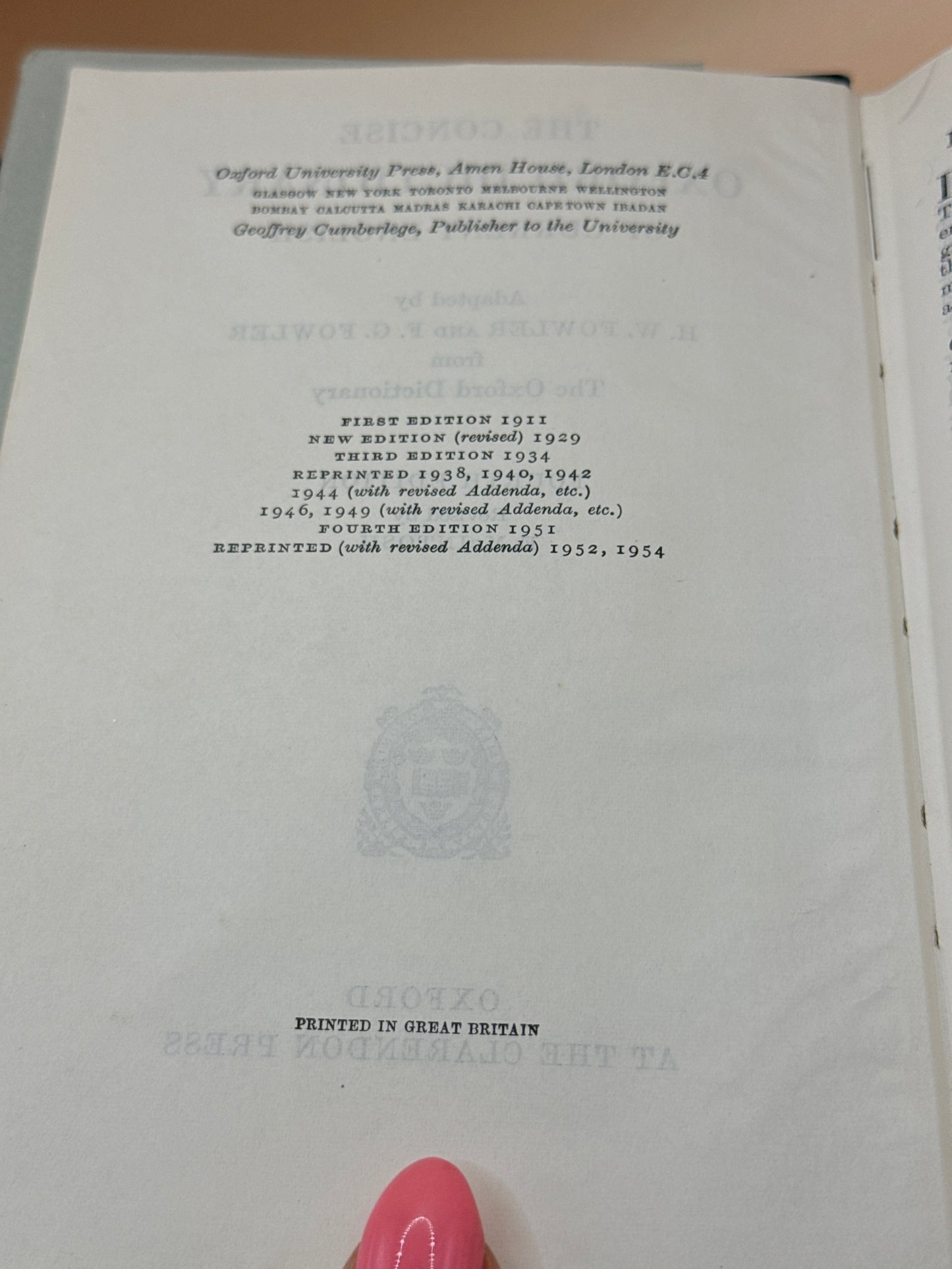 Vintage The Concise Oxford Dictionary 4th Edition 1954