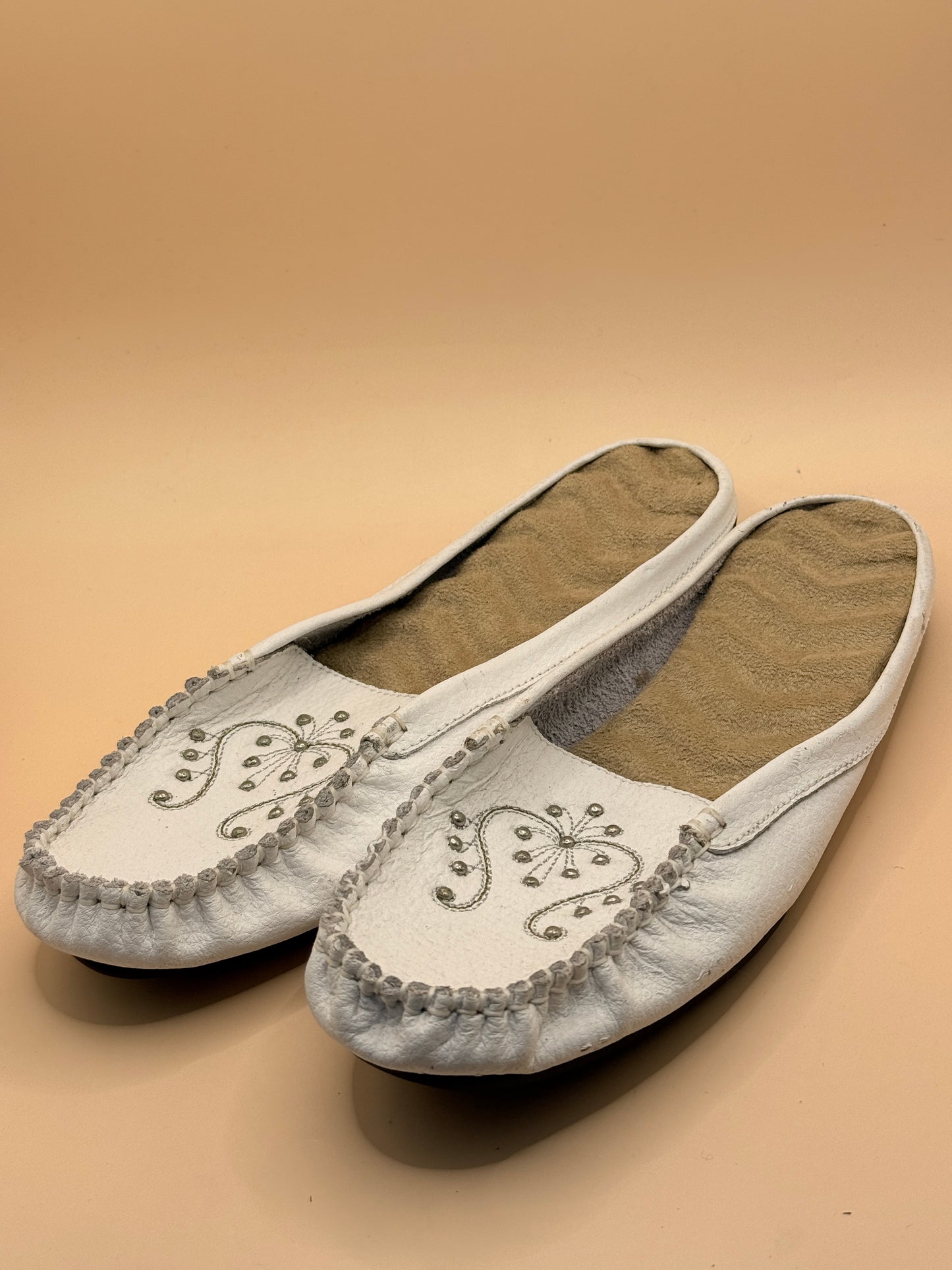 White Leather Embellished Moccasin Mules - Size 9