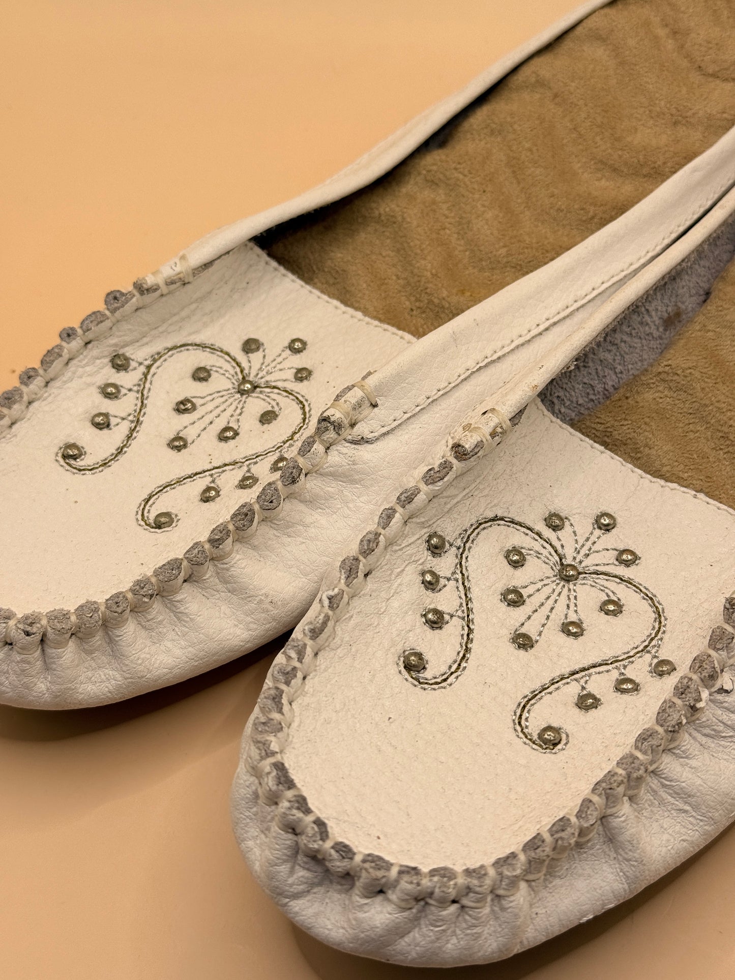 White Leather Embellished Moccasin Mules - Size 9
