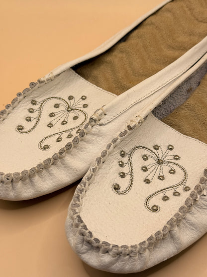 White Leather Embellished Moccasin Mules - Size 9