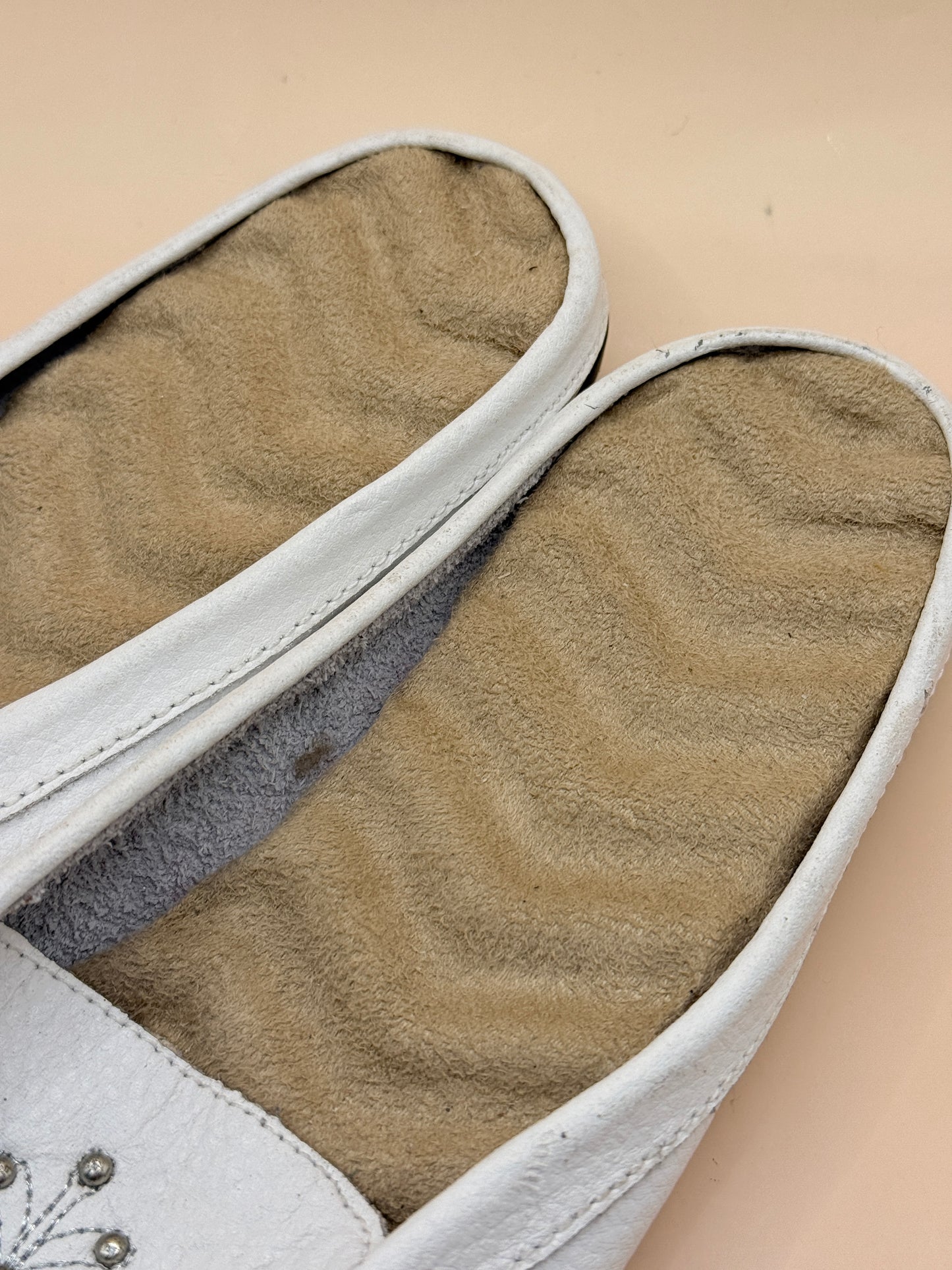 White Leather Embellished Moccasin Mules - Size 9