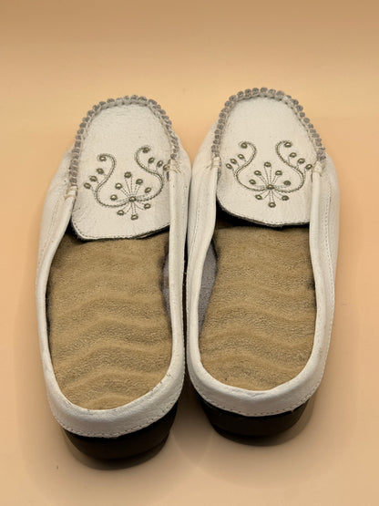 White Leather Embellished Moccasin Mules - Size 9