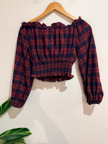 Mirrou Plaid Off-the-shoulder Crop Top Size 10