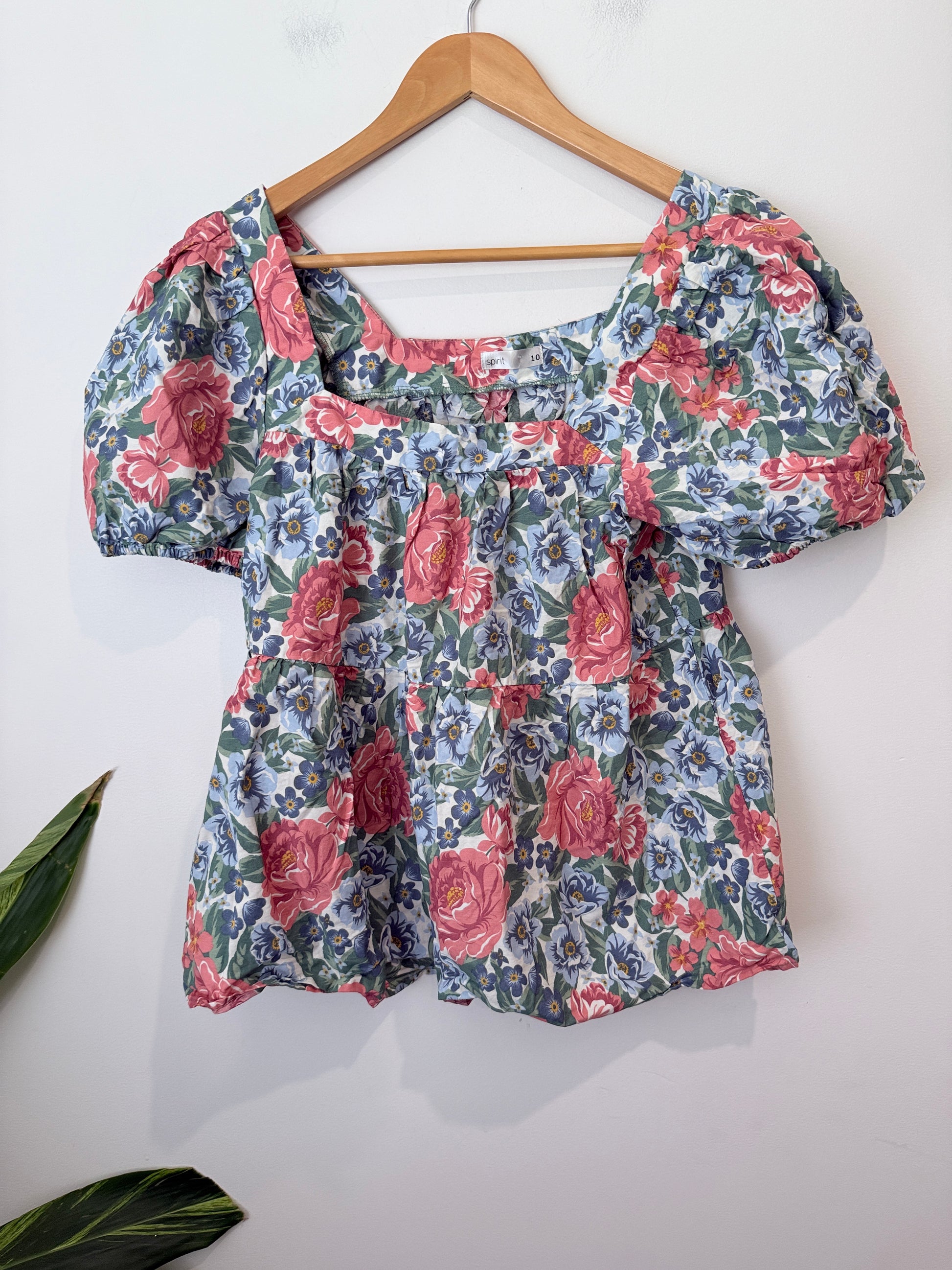 Spirit Floral Print Puff-sleeve Top Size 10