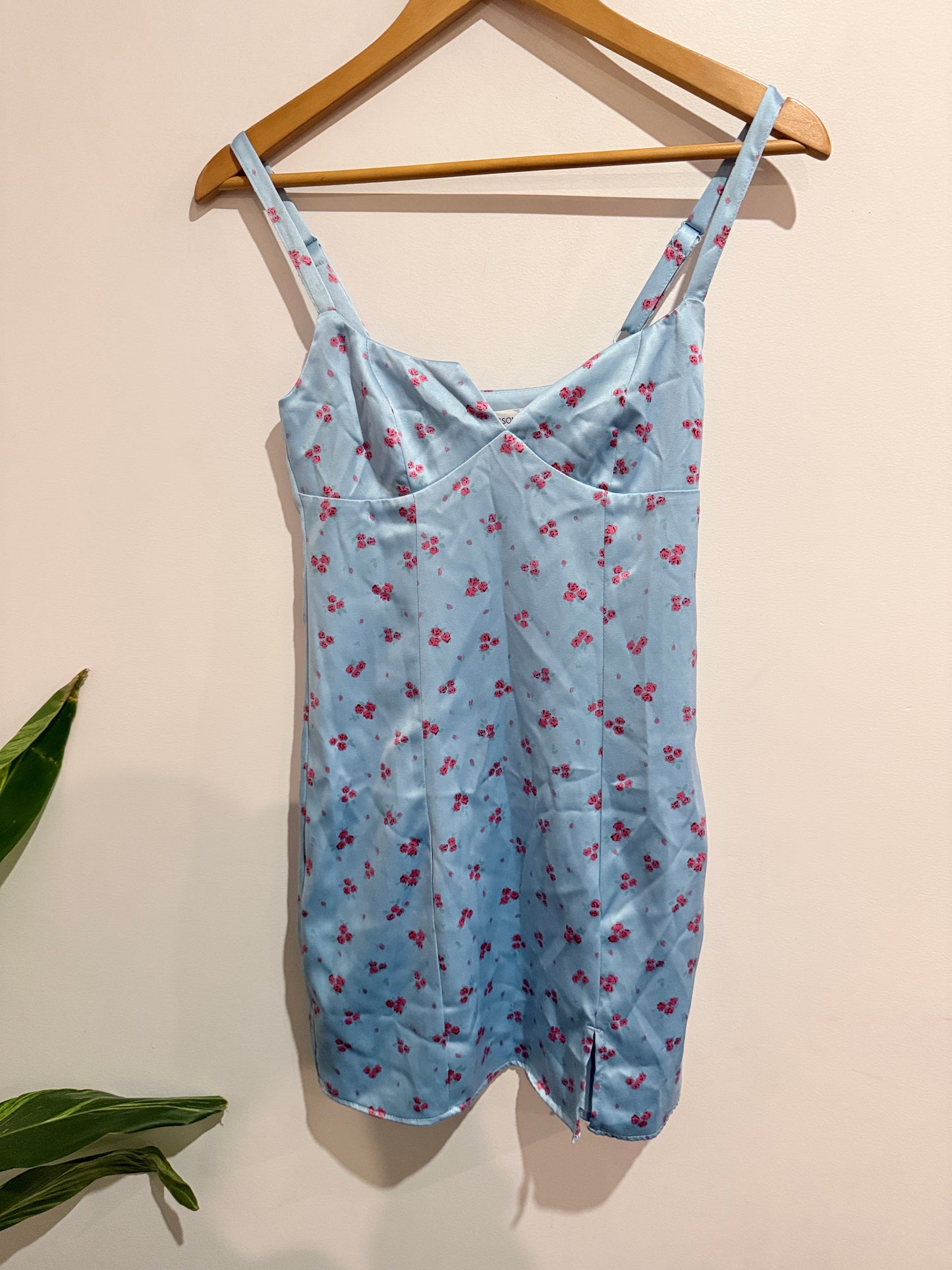 Glassons Blue Floral Satin Mini Dress - Size 6