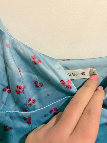 Glassons Blue Floral Satin Mini Dress - Size 6