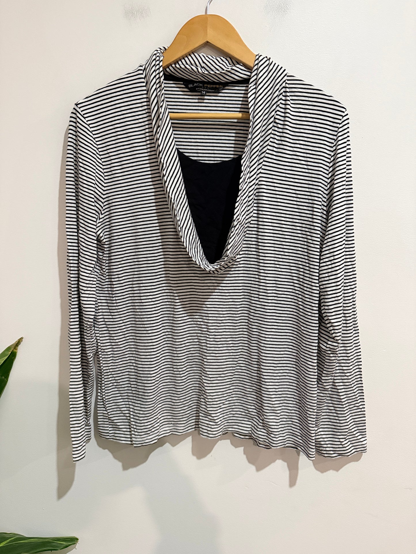 Black Pepper by Breakaway Black & White Stripe Cowl Neck Top - Size 14