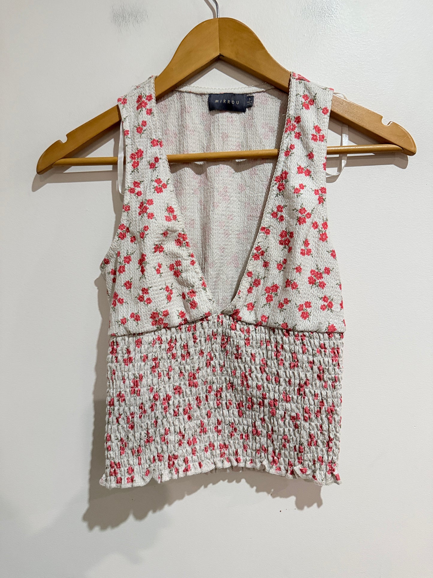 Mirrou Cream Floral Plunge Neck Crop Top - Size S