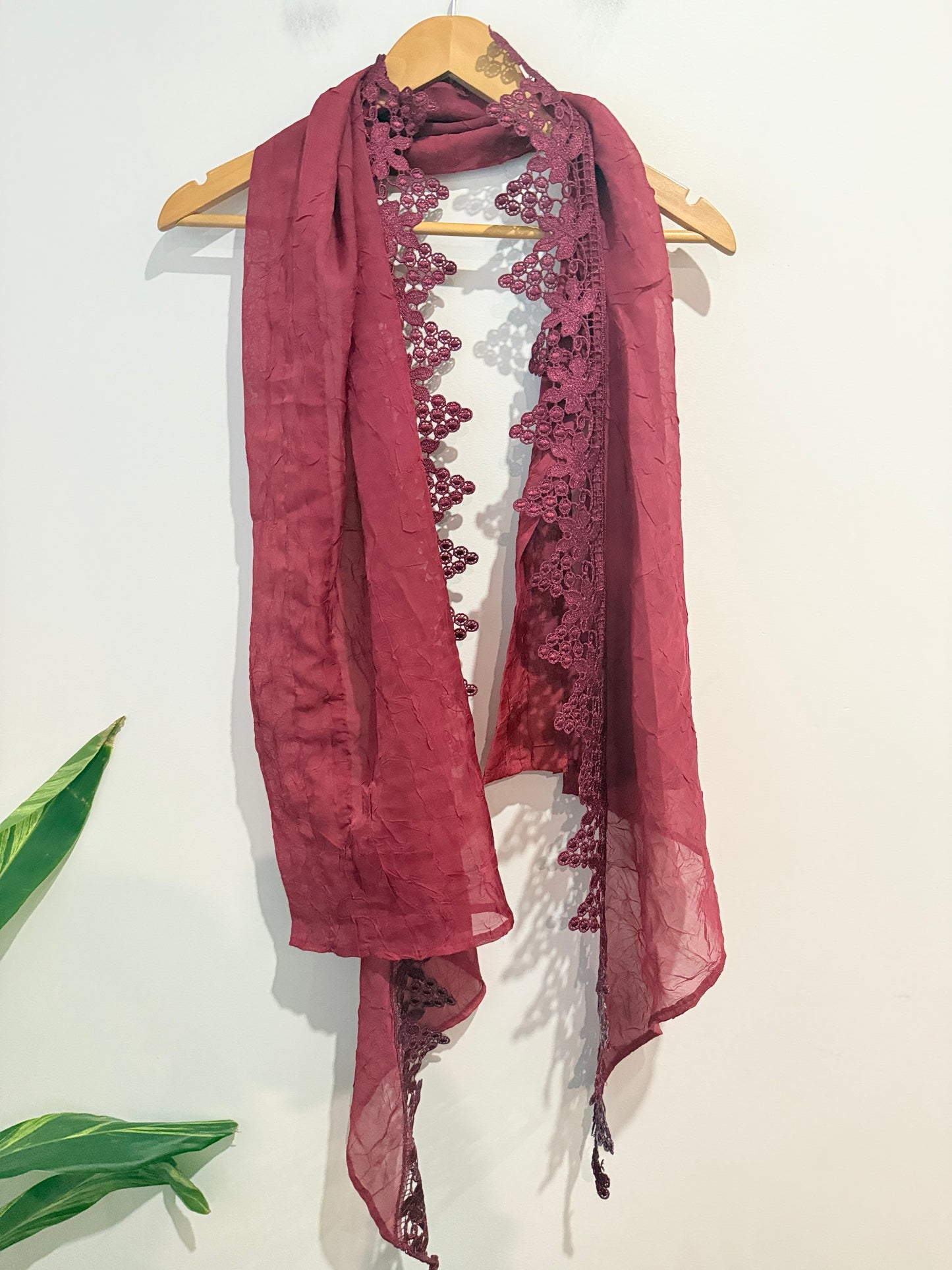 Burgundy Lace Trim Scarf - One Size