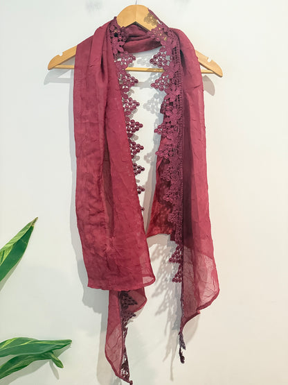 Burgundy Lace Trim Scarf - One Size