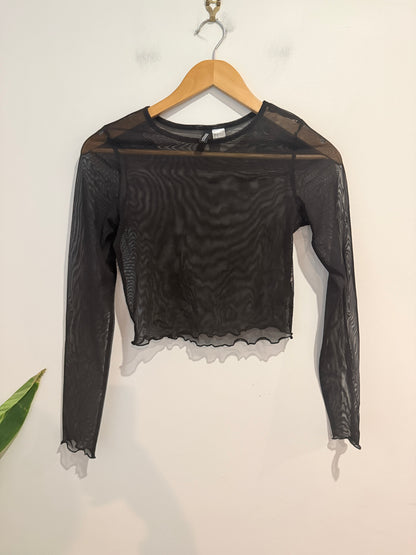 Divided by H&M Black Mesh Long Sleeve Crop Top - Size S