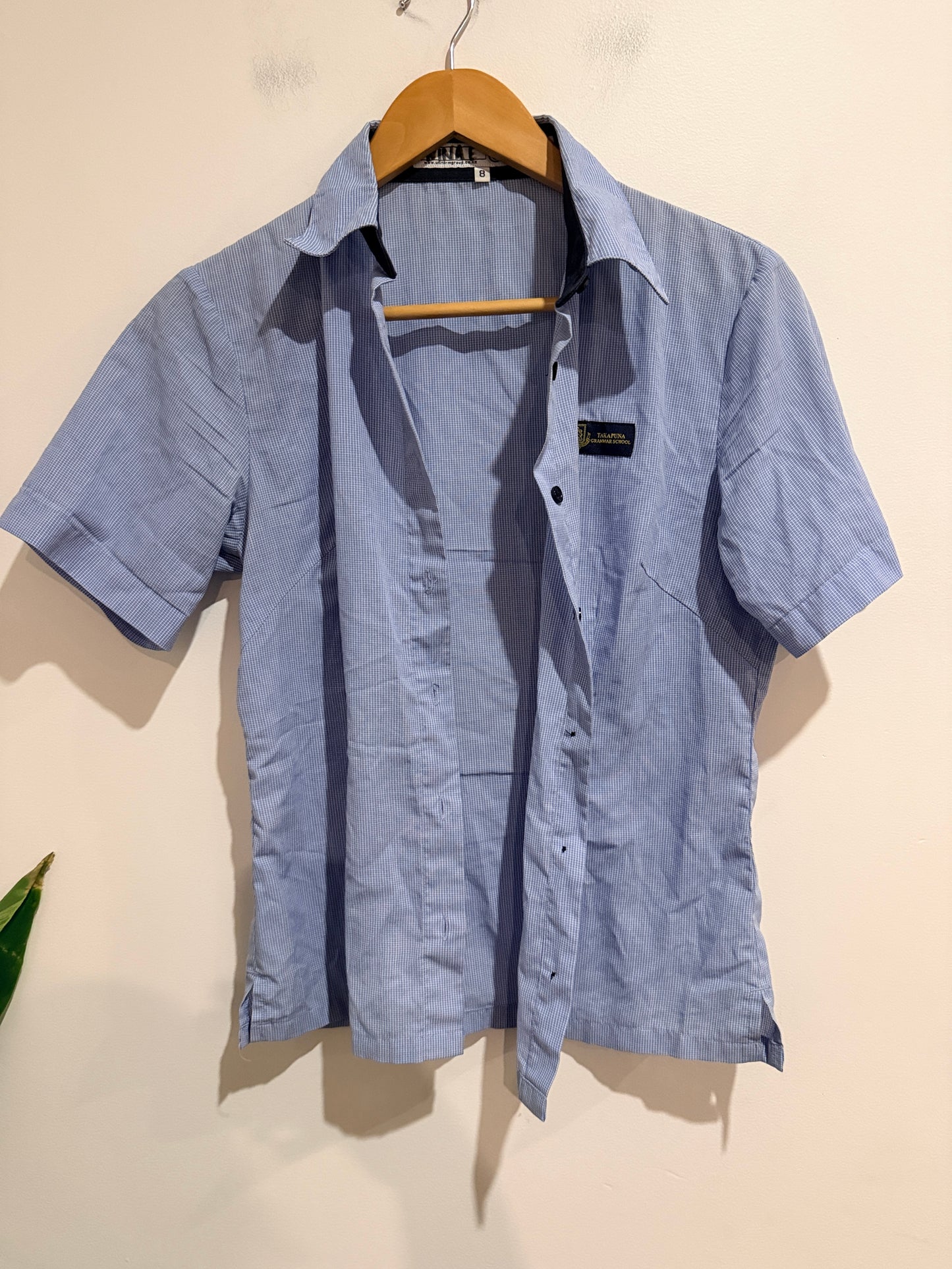 Takapuna Grammar School Blue Check Short Sleeve Shirt - Size 8