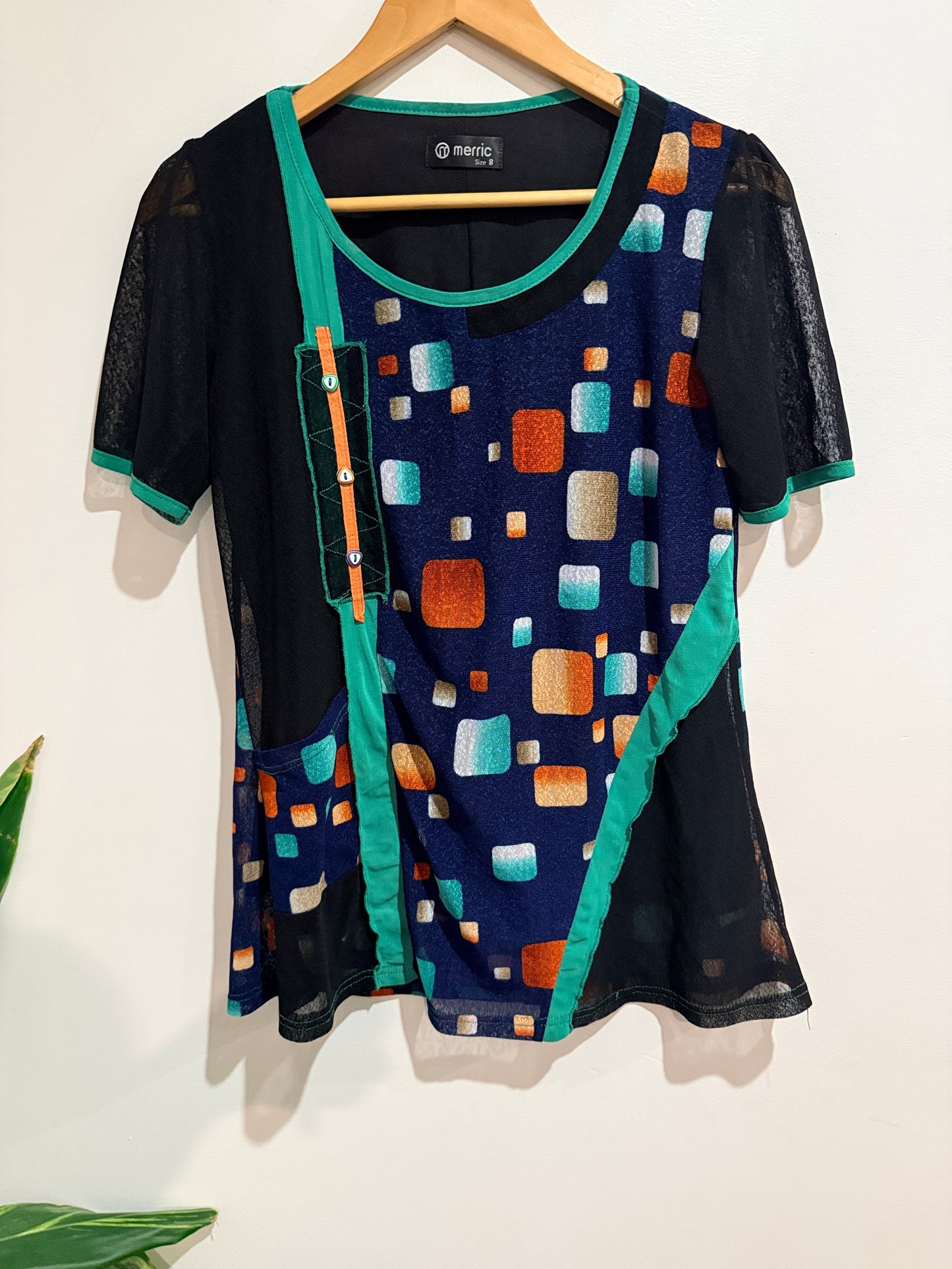 Merric Abstract Print Black & Teal Mesh Top - Size 8