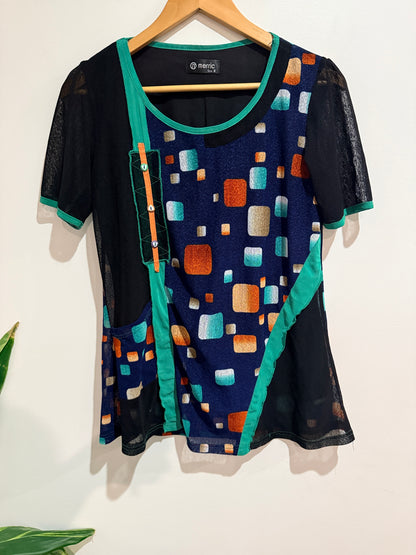 Merric Abstract Print Black & Teal Mesh Top - Size 8