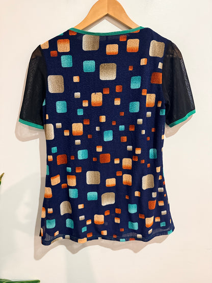 Merric Abstract Print Black & Teal Mesh Top - Size 8