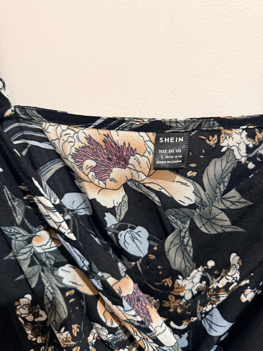 Shein Black Floral Wrap-Front Maxi Dress - L