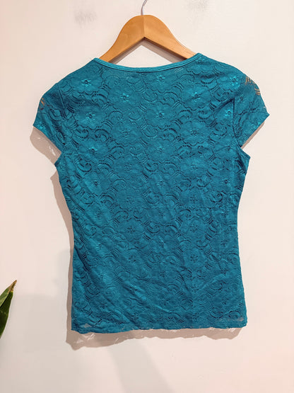 Jackie K Teal Lace Cap Sleeve Top - S