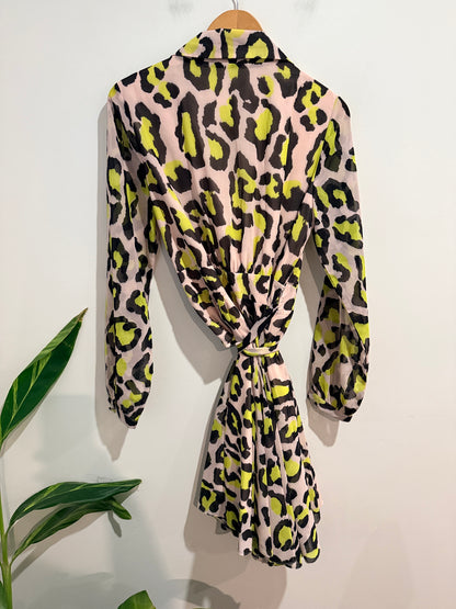 Augustine Pink & Neon Leopard Print Wrap Dress - M