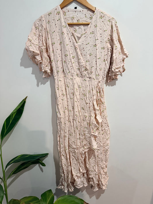 Brand Unknown Light Pink Floral Wrap Midi Dress - 45cm u/arm
