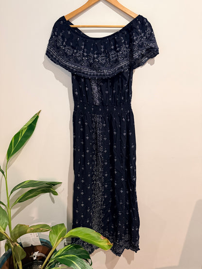 Millers Off Shoulder Midi Dress Navy Boho Print - Size 16