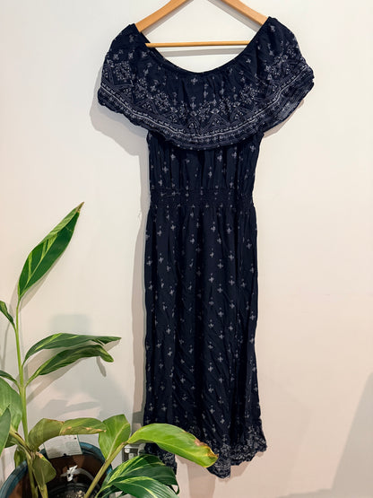 Millers Off Shoulder Midi Dress Navy Boho Print - Size 16
