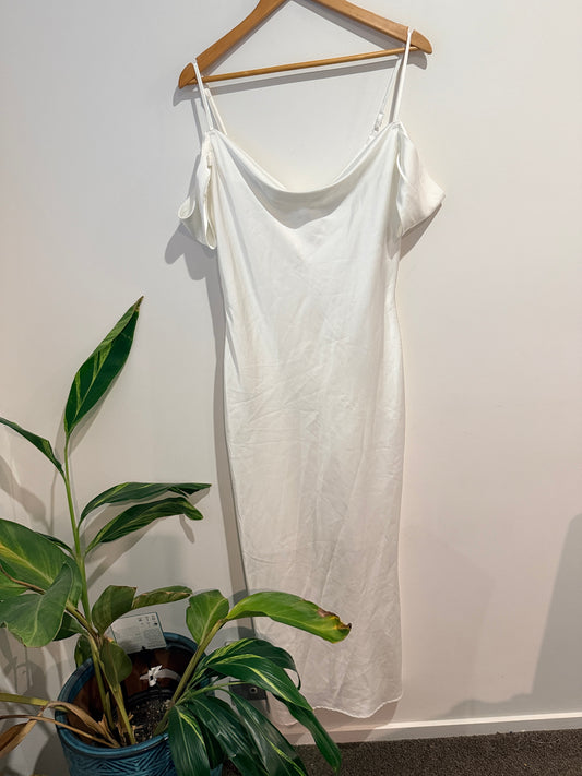 Pagani White Cold Shoulder Satin Slip Dress - Size 12