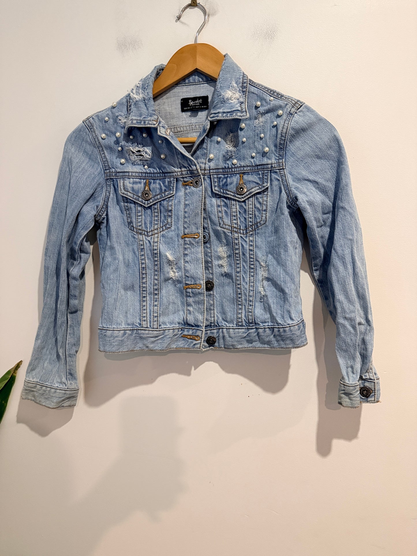 Bardot Junior Pearl Embellished Distressed Denim Jacket - Size 10Y