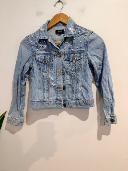 Bardot Junior Pearl Embellished Distressed Denim Jacket - Size 10Y