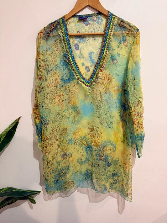 Brand Unknown Carnival Girls Australia Beaded Paisley Tunic Top Green Multi - 54 Cm U/Arm To U/Arm