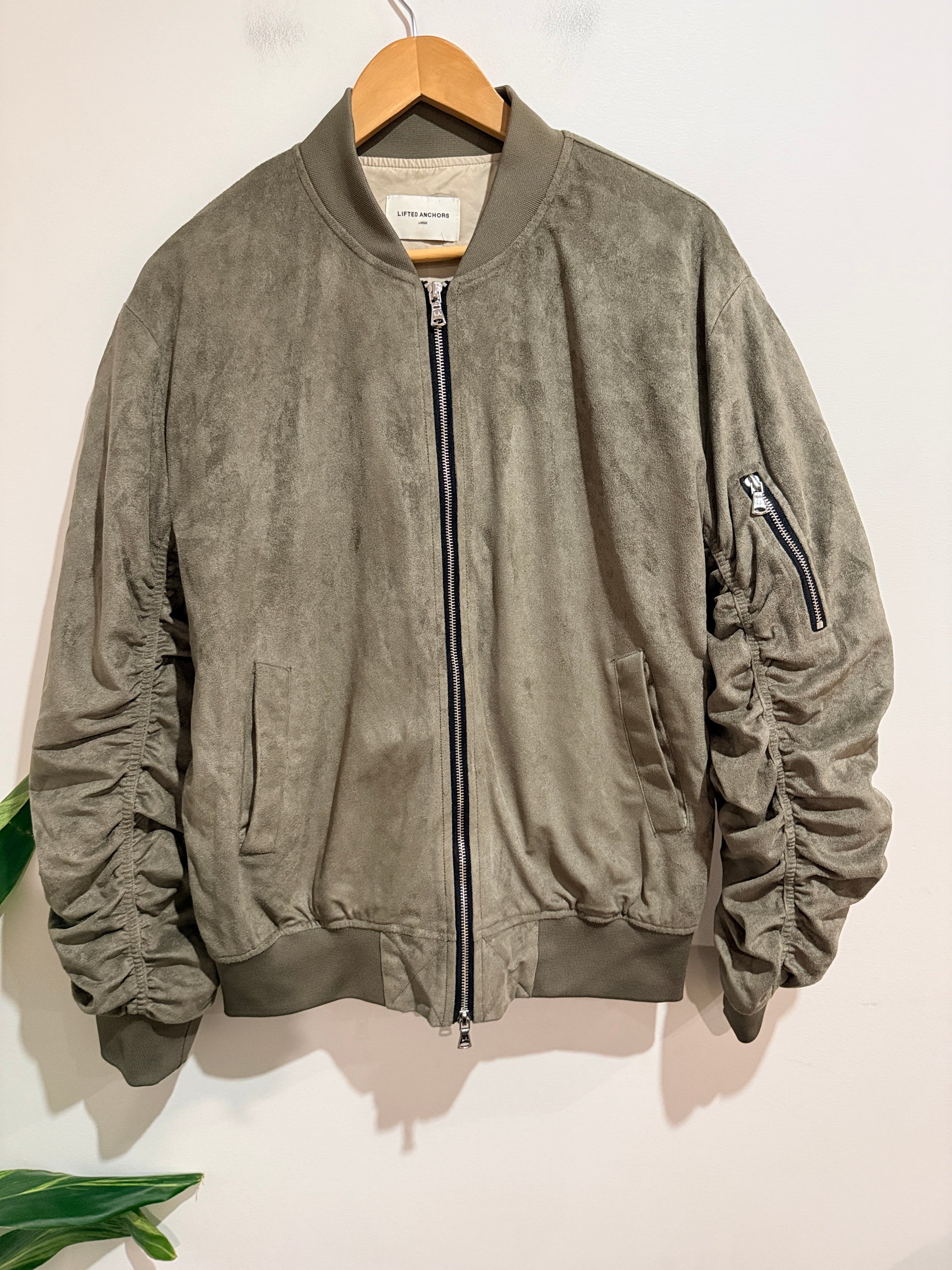 Lifted Anchors Lifted Anchors Olive Faux Suede Bomber Jacket - Large Size Large