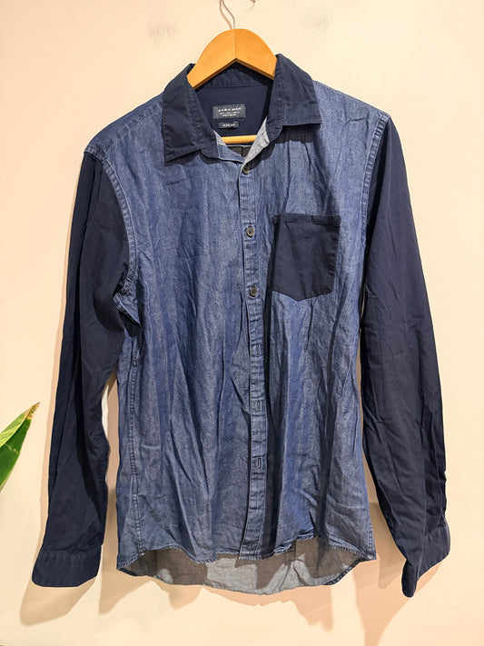 Zara Man Slim Fit Two-tone Denim Shirt Blue/Navy Size L