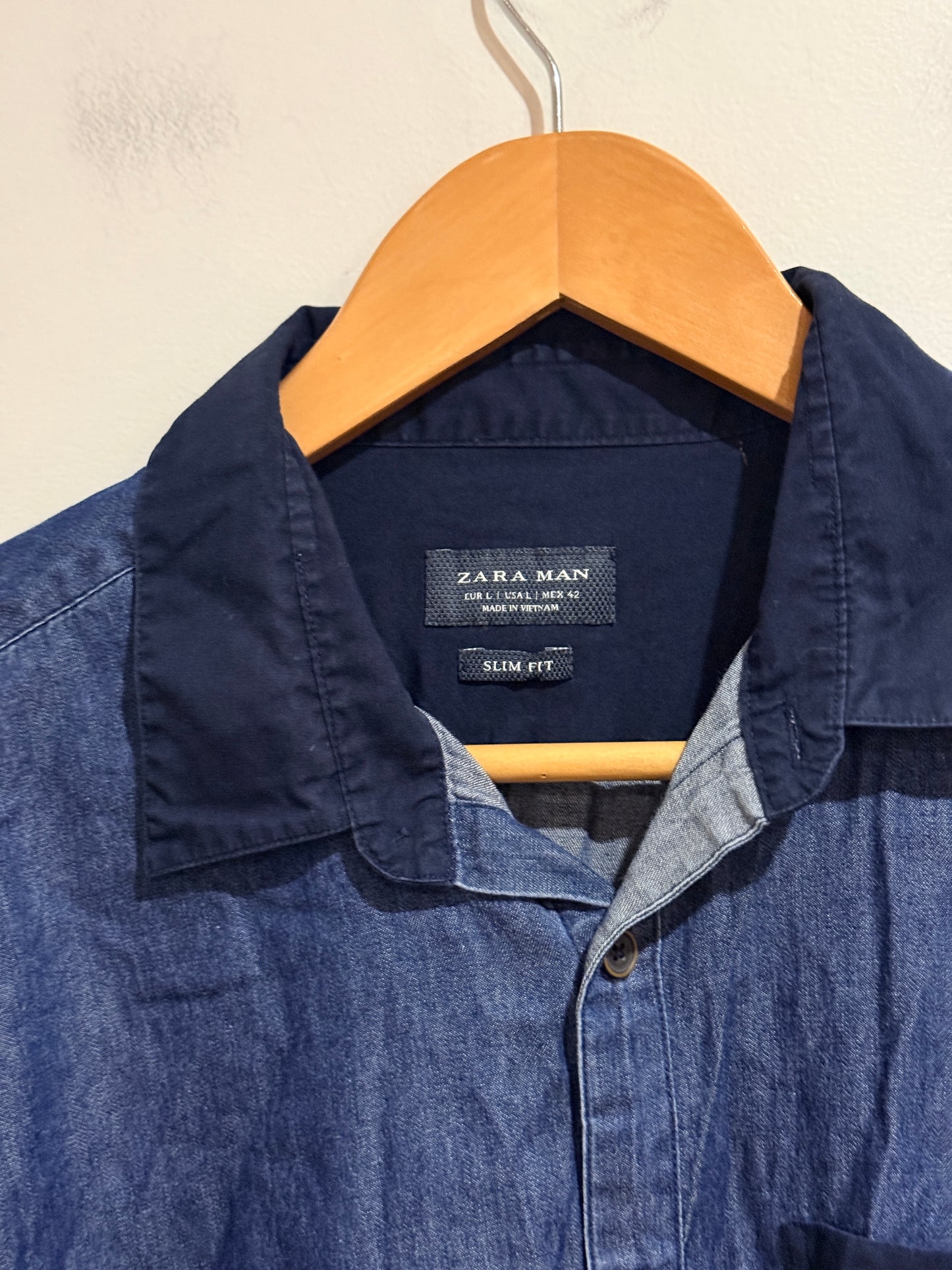 Zara Man Slim Fit Two-tone Denim Shirt Blue/Navy Size L
