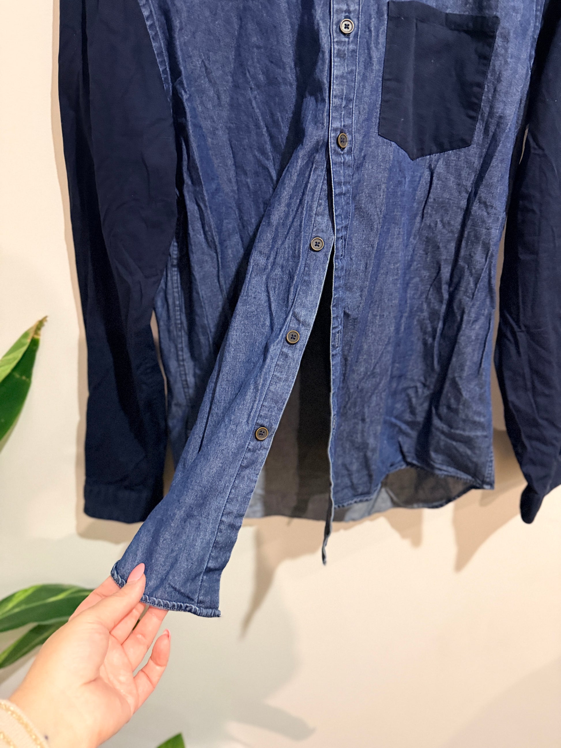 Zara Man Slim Fit Two-tone Denim Shirt Blue/Navy Size L