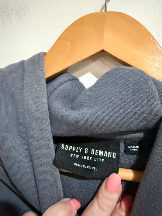 Supply & Demand Script Logo Grey Pullover Hoodie Size UK 14