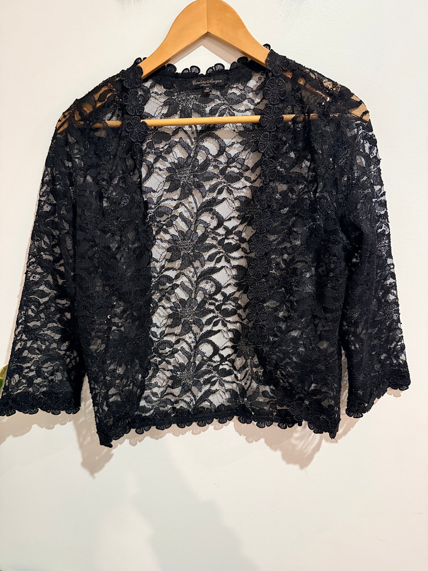 Caroline Morgan Black Floral Lace Open Front Cardigan Size 14
