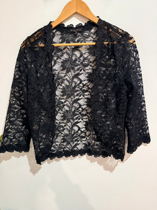 Caroline Morgan Black Floral Lace Open Front Cardigan Size 14