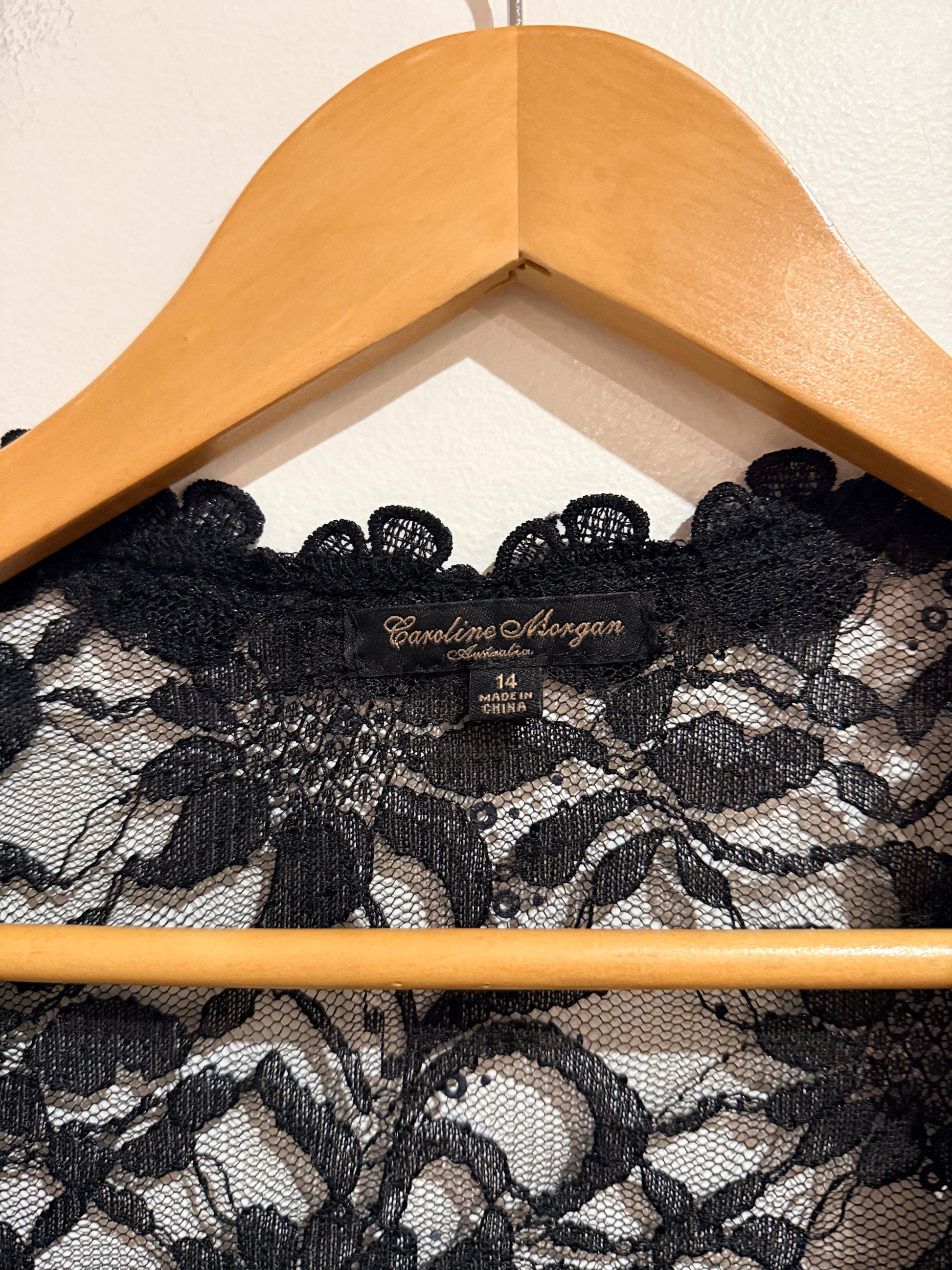 Caroline Morgan Black Floral Lace Open Front Cardigan Size 14