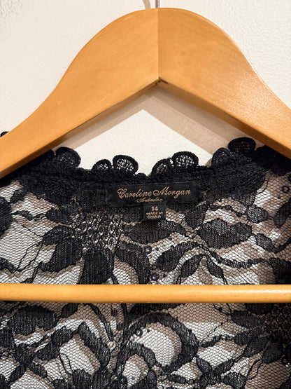 Caroline Morgan Black Floral Lace Open Front Cardigan Size 14