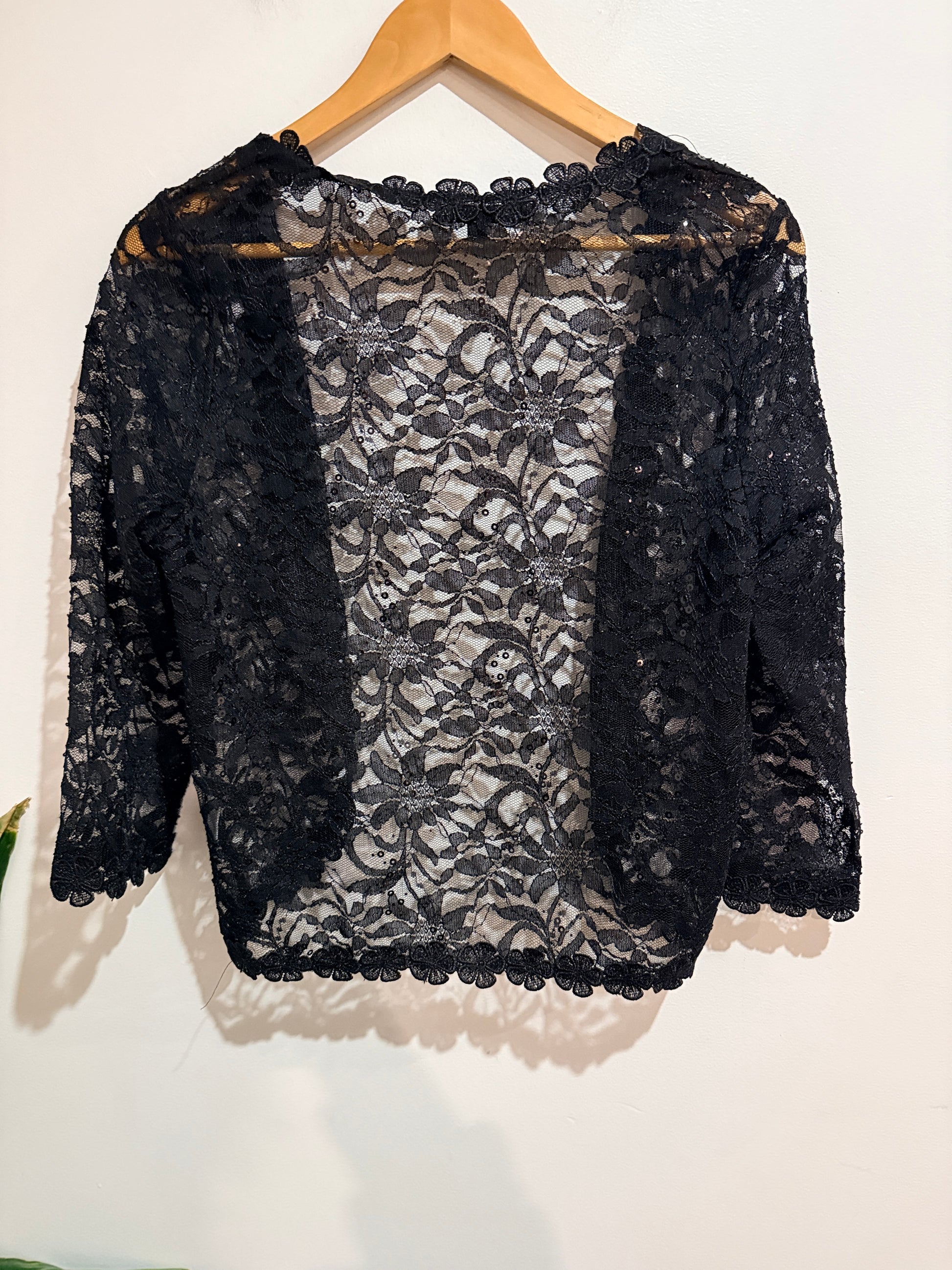 Caroline Morgan Black Floral Lace Open Front Cardigan Size 14
