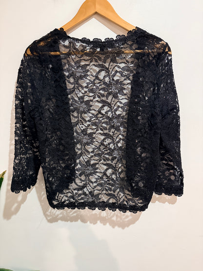 Caroline Morgan Black Floral Lace Open Front Cardigan Size 14