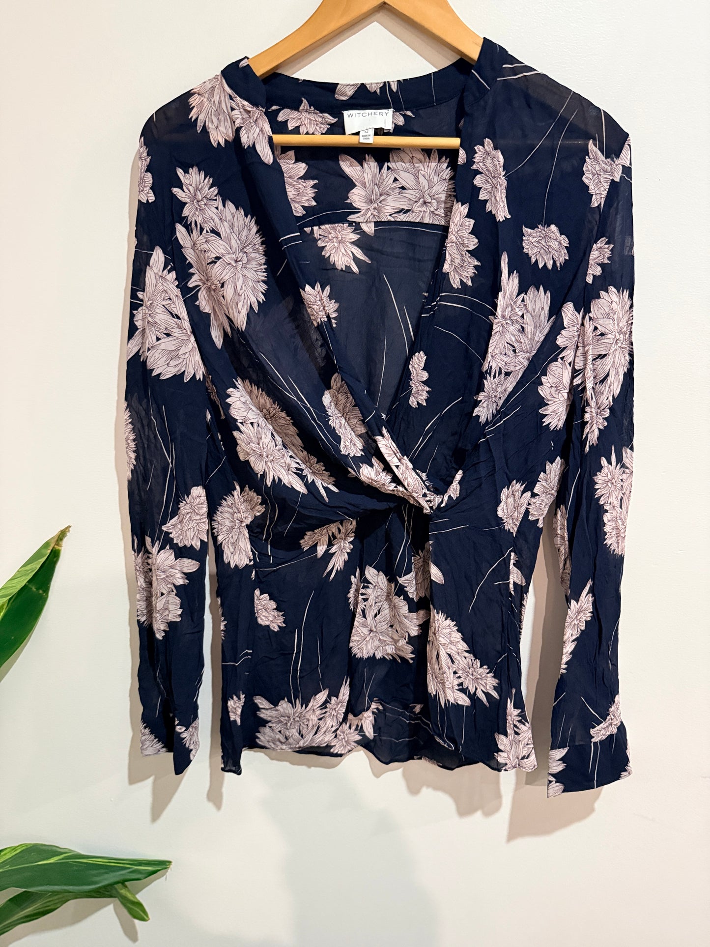 Witchery Navy Floral Wrap Blouse Size 12