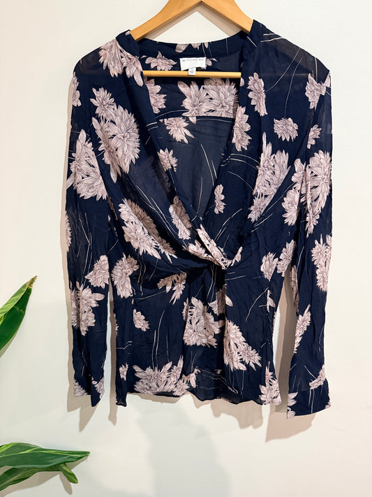 Witchery Navy Floral Wrap Blouse Size 12